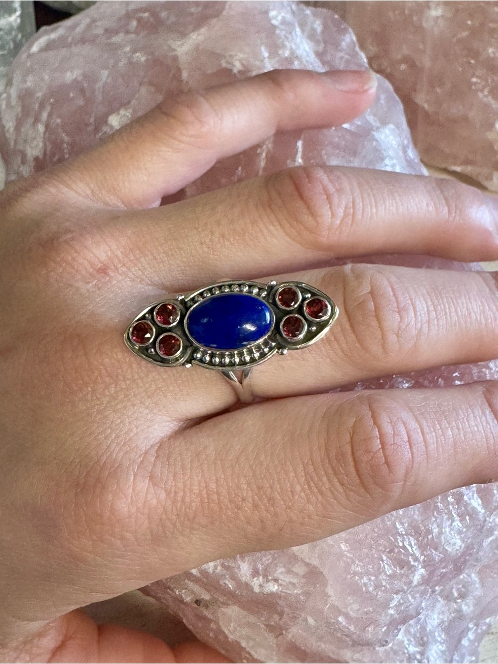 Sterling Silver Blue Lapis Lazuli and Red Garnet Accent Ring Size 7.5